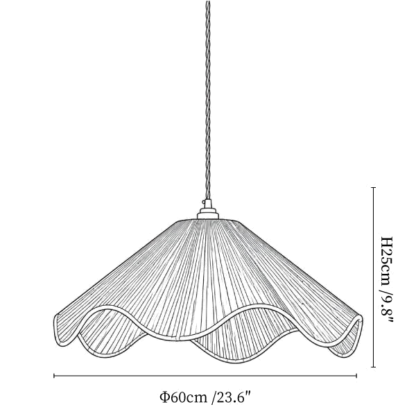 Clérachic pendant light dimension drawing, every measurement marked in centimetres and inches.