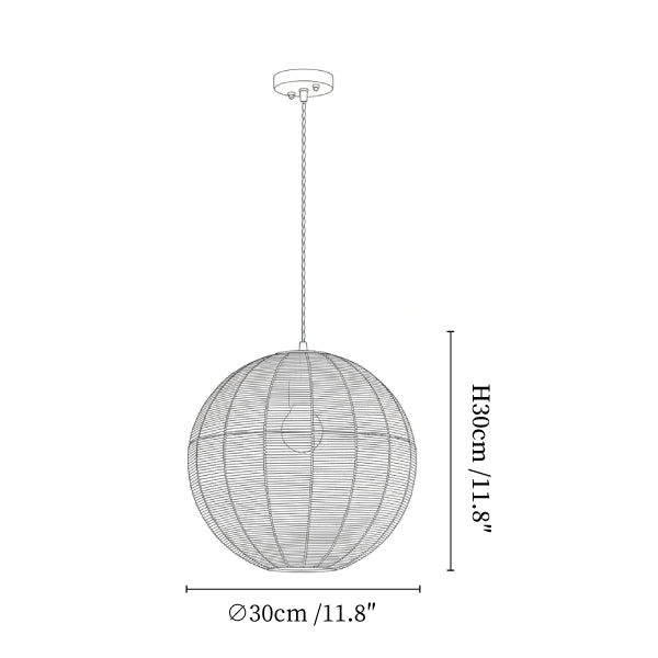 Clérachic pendant light dimension drawing, 1 of 3, every measurement marked in centimetres and inches.