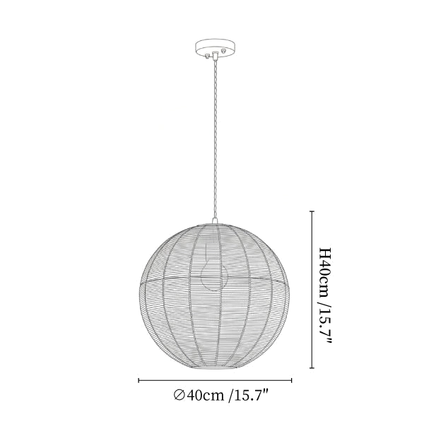 Clérachic pendant light dimension drawing, 2 of 3, every measurement marked in centimetres and inches.
