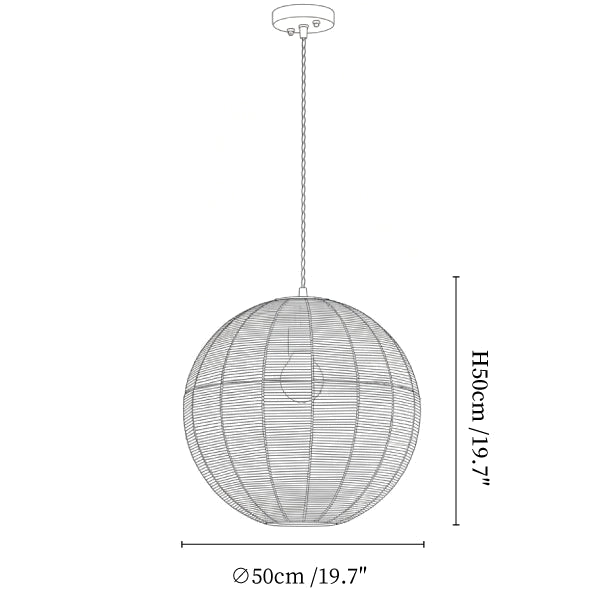Clérachic pendant light dimension drawing, 3 of 3, every measurement marked in centimetres and inches.