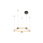 Clérachic Hexagonal Alabaster Chandelier shown on its five cables and round canopy, the six stone bars lit evenly on white.