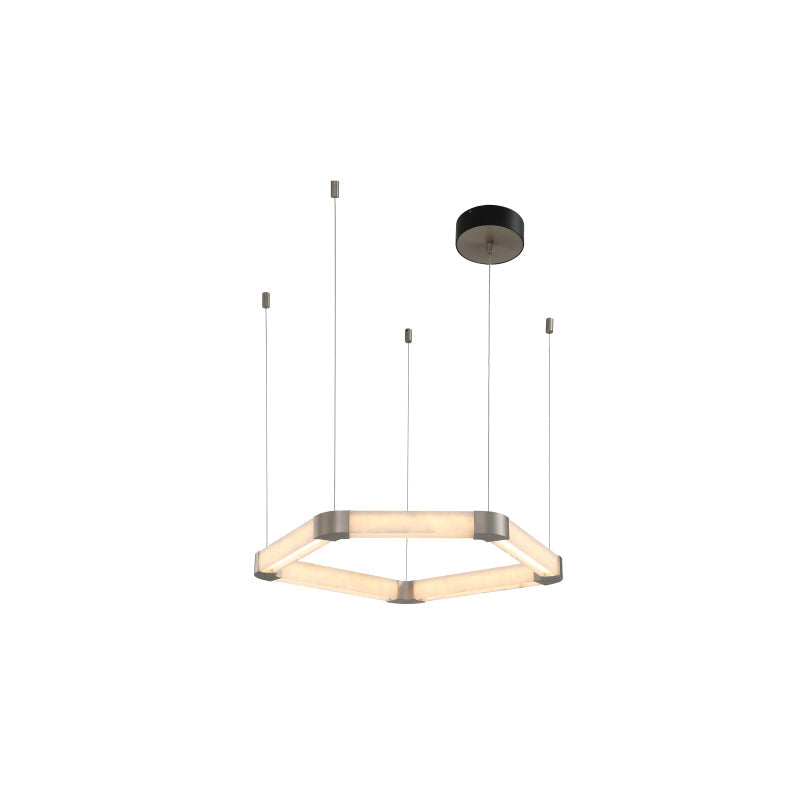 Studio shot of the Clérachic Hexagonal Alabaster Chandelier, brushed nickel corners joining six softly glowing alabaster bars.