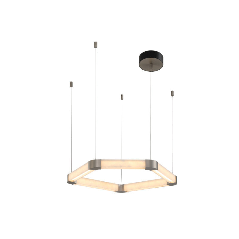 Angled studio view of the Clérachic Hexagonal Alabaster Chandelier, nickel corner caps set between six lit stone bars.