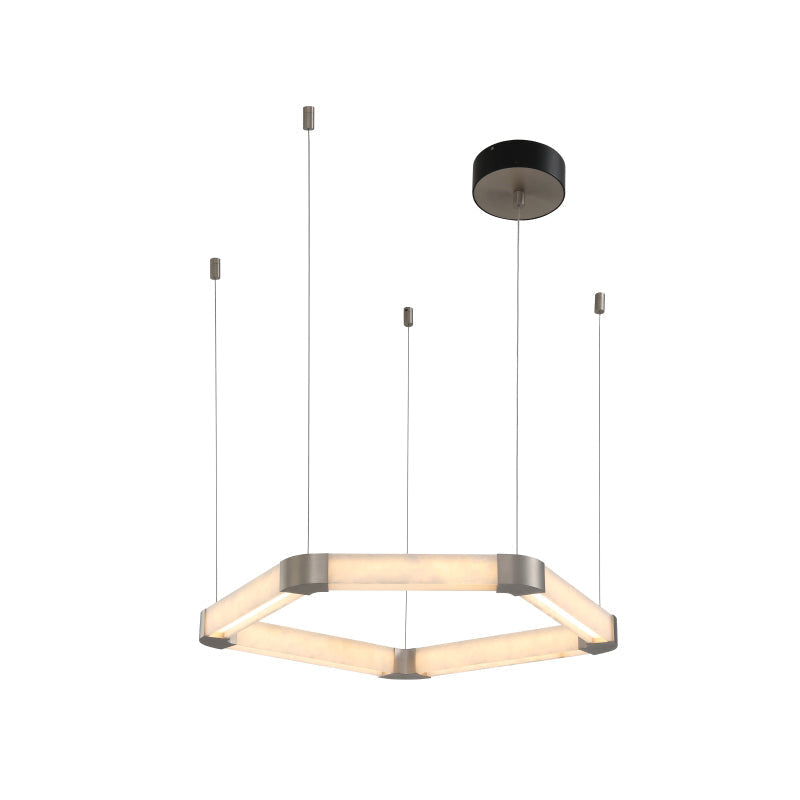 The Clérachic Hexagonal Alabaster Chandelier at full drop, black canopy above and the shallow stone frame glowing below.