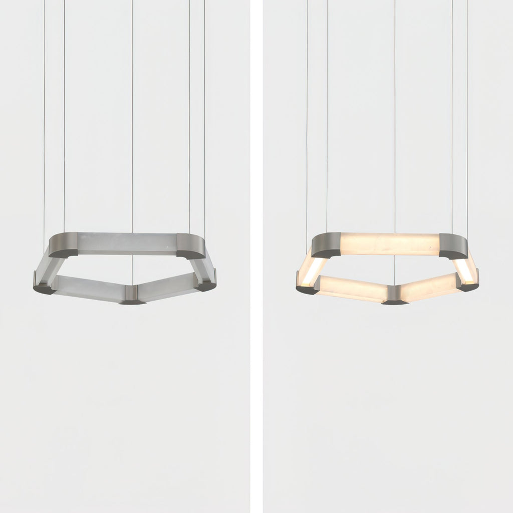 The Clérachic Hexagonal Alabaster Chandelier shown switched off beside the same frame lit, so you can see the stone glow.