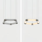 The Clérachic Hexagonal Alabaster Chandelier shown switched off beside the same frame lit, so you can see the stone glow.