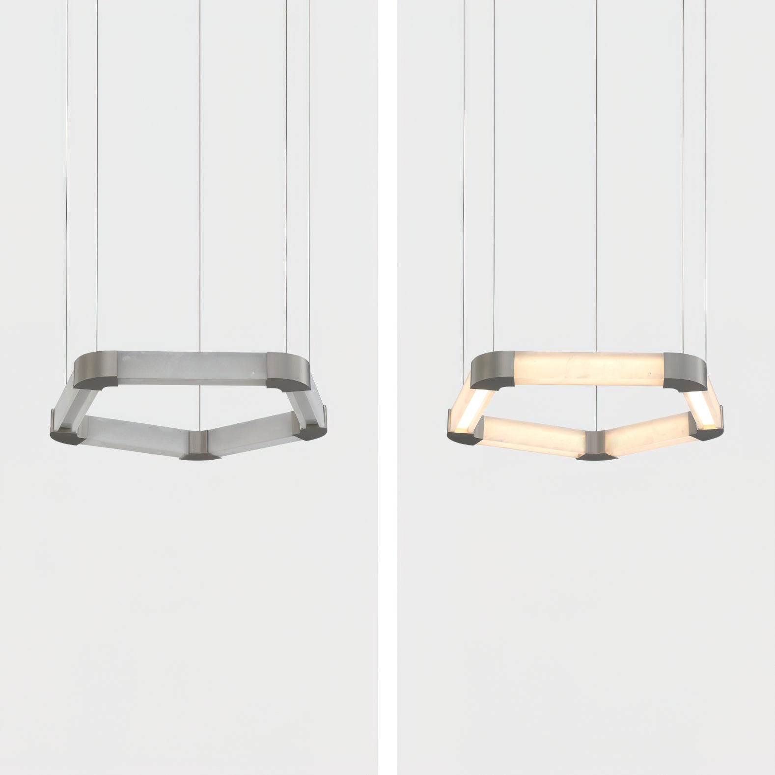 The Clérachic Hexagonal Alabaster Chandelier shown switched off beside the same frame lit, so you can see the stone glow.
