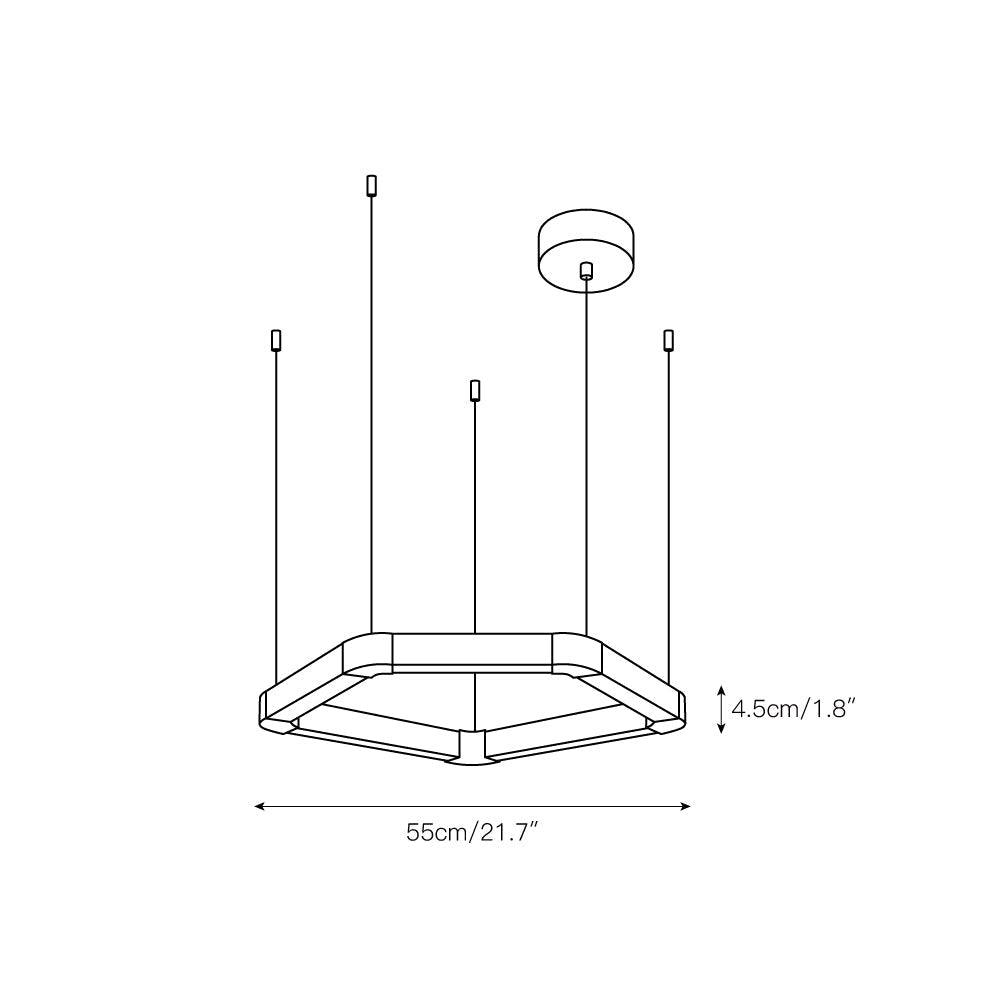 Dimension drawing for the small Clérachic Hexagonal Alabaster Chandelier, 55 cm / 21.7 in across and 4.5 cm / 1.8 in deep.