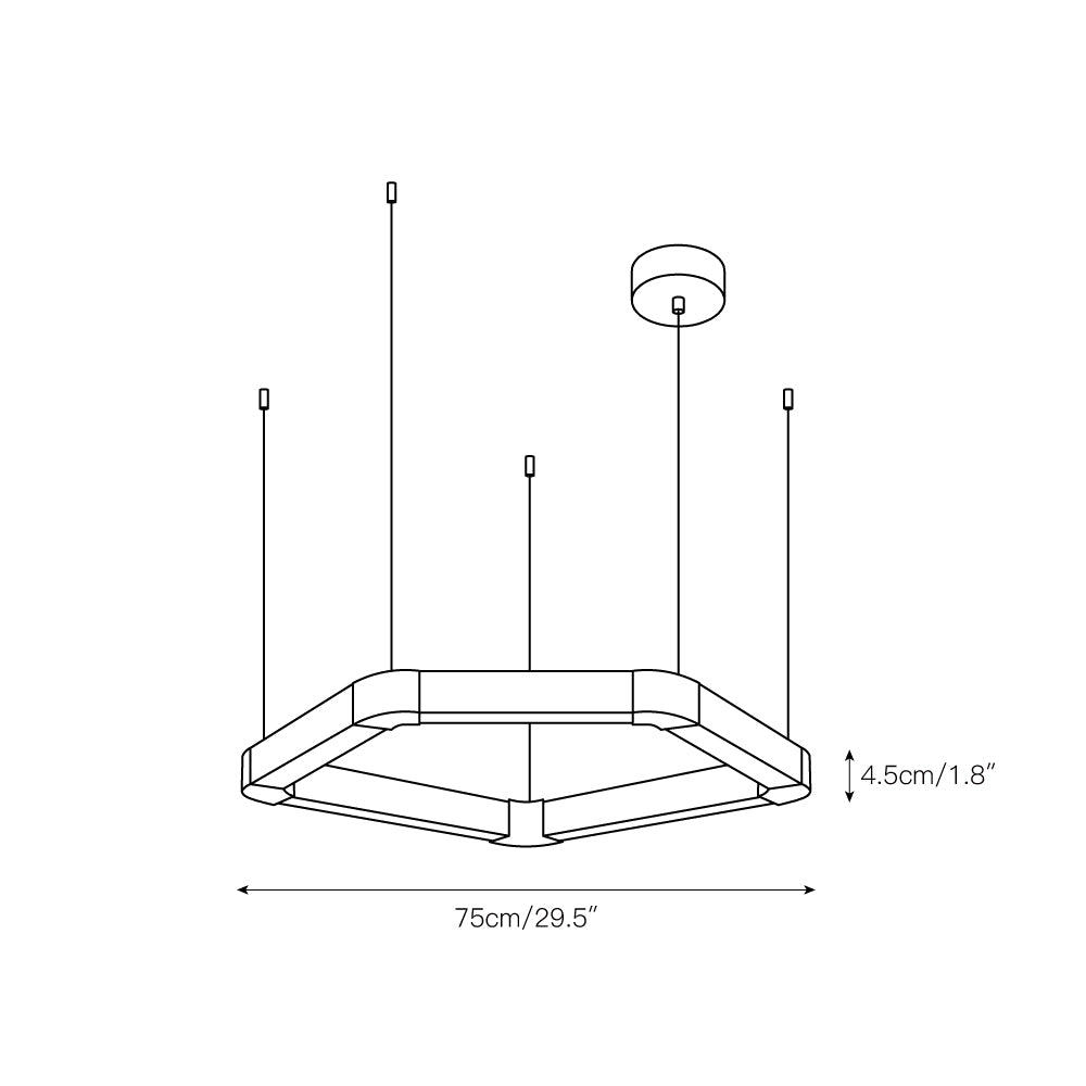 Dimension drawing for the medium Clérachic Hexagonal Alabaster Chandelier, 75 cm / 29.5 in across and 4.5 cm / 1.8 in deep.