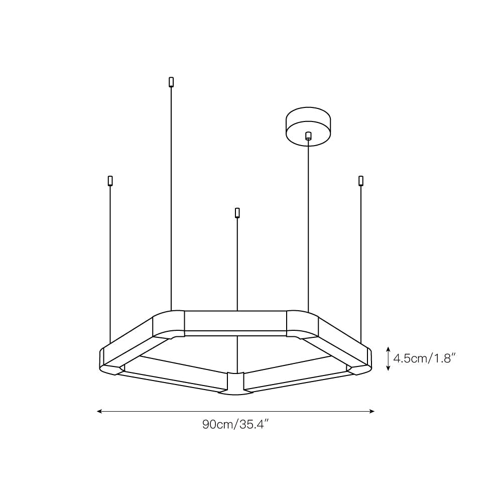 Dimension drawing for the large Clérachic Hexagonal Alabaster Chandelier, 90 cm / 35.4 in across and 4.5 cm / 1.8 in deep.