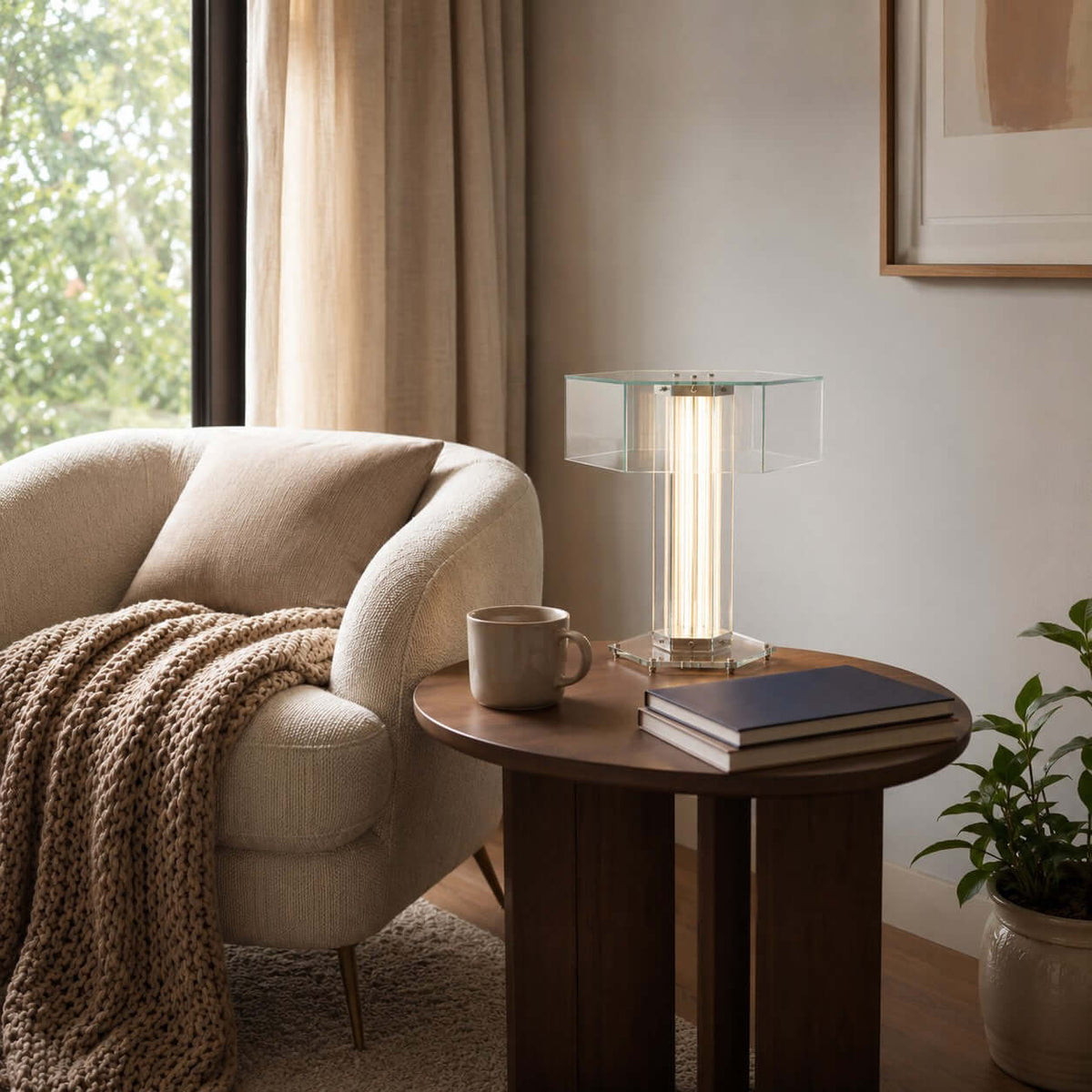 This Clérachic glass lamp sits on a dark round side table next to a cream armchair, a knitted throw and a mug.