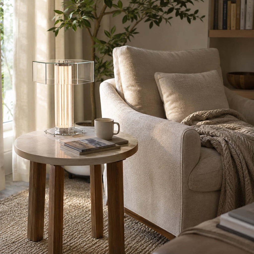 Clérachic table lamp with a clear hexagonal glass top, lit, on a round pale wood side table beside an armchair and a mug.
