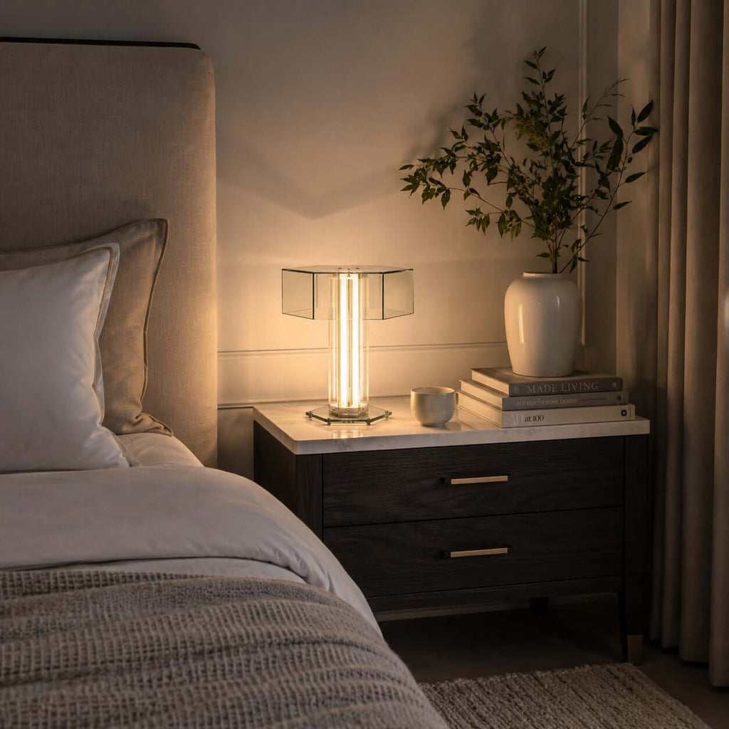 Clérachic glass table lamp, lit, on a dark bedside table with brass handles, next to a white vase and a stack of books.