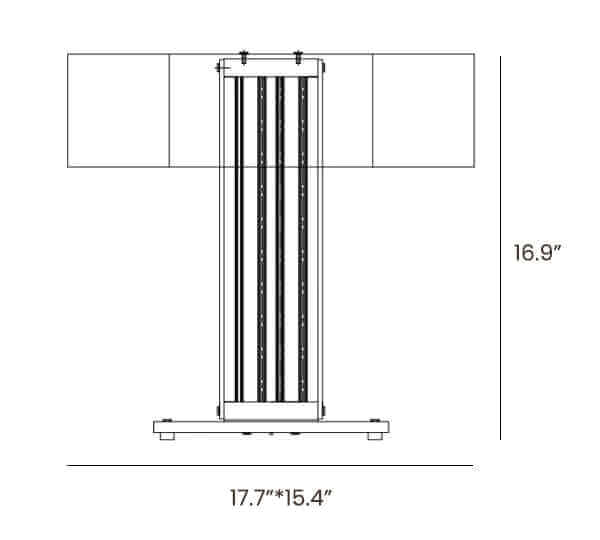 Dimension drawing of this Clérachic table lamp, with its height of 43 cm (16.9″) and its 45 cm (17.7″) width marked.