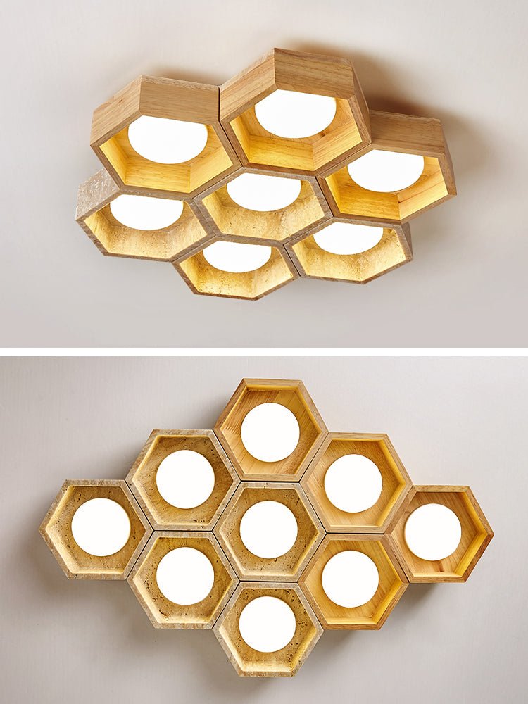 Two views of a honeycomb Clérachic ceiling light, lit from below at the top and seen face-on with its round diffusers beneath.