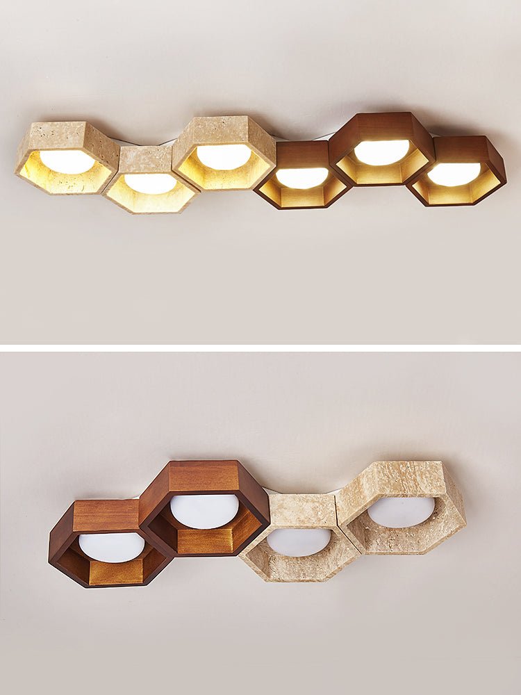 Two views of a long Clérachic ceiling light, six cells lit in a row above and a four-cell walnut and travertine one below.