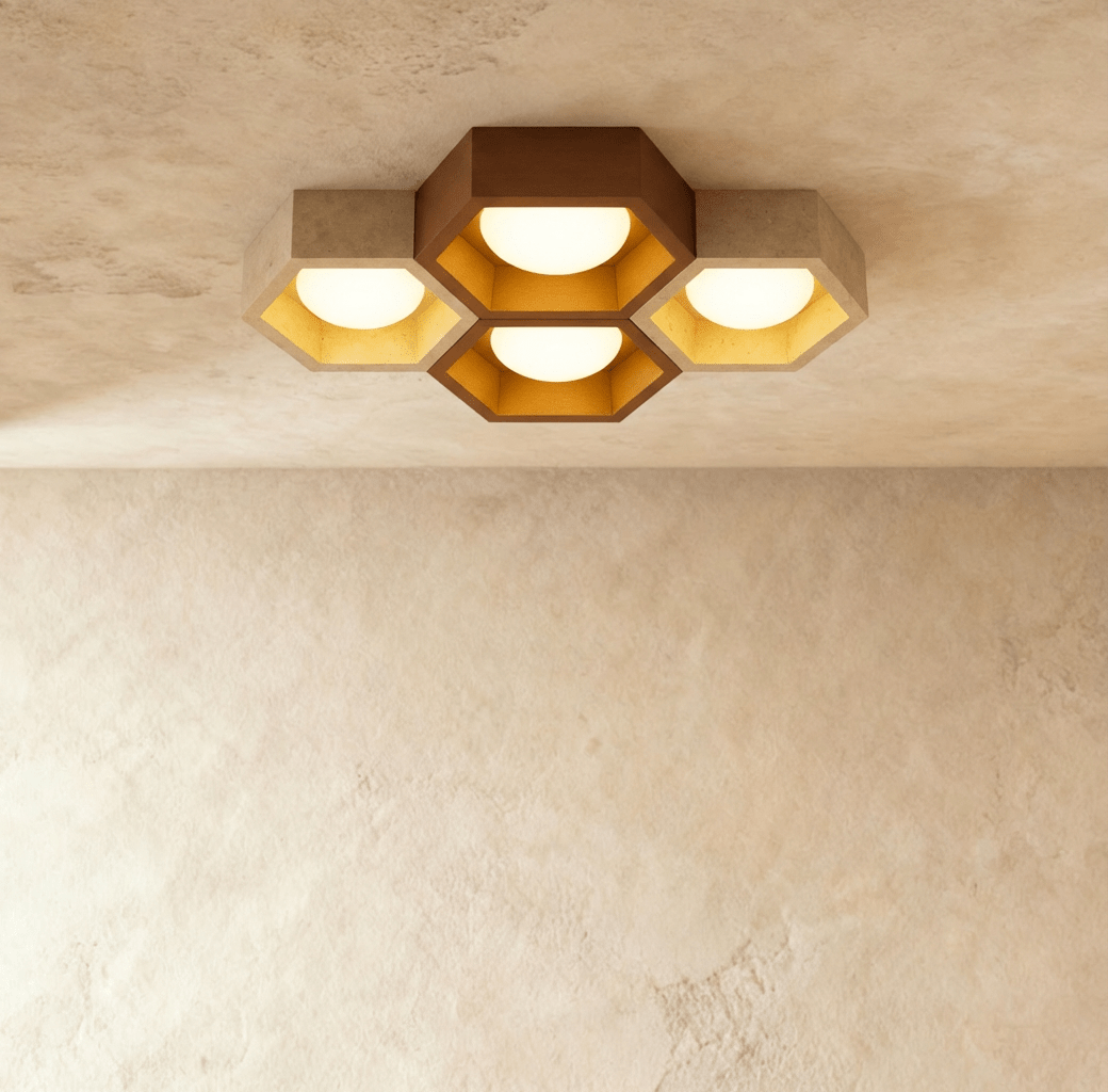 Clérachic four-head honeycomb ceiling light of walnut and travertine hexagons with gold-leaf interiors and glowing opal globes.