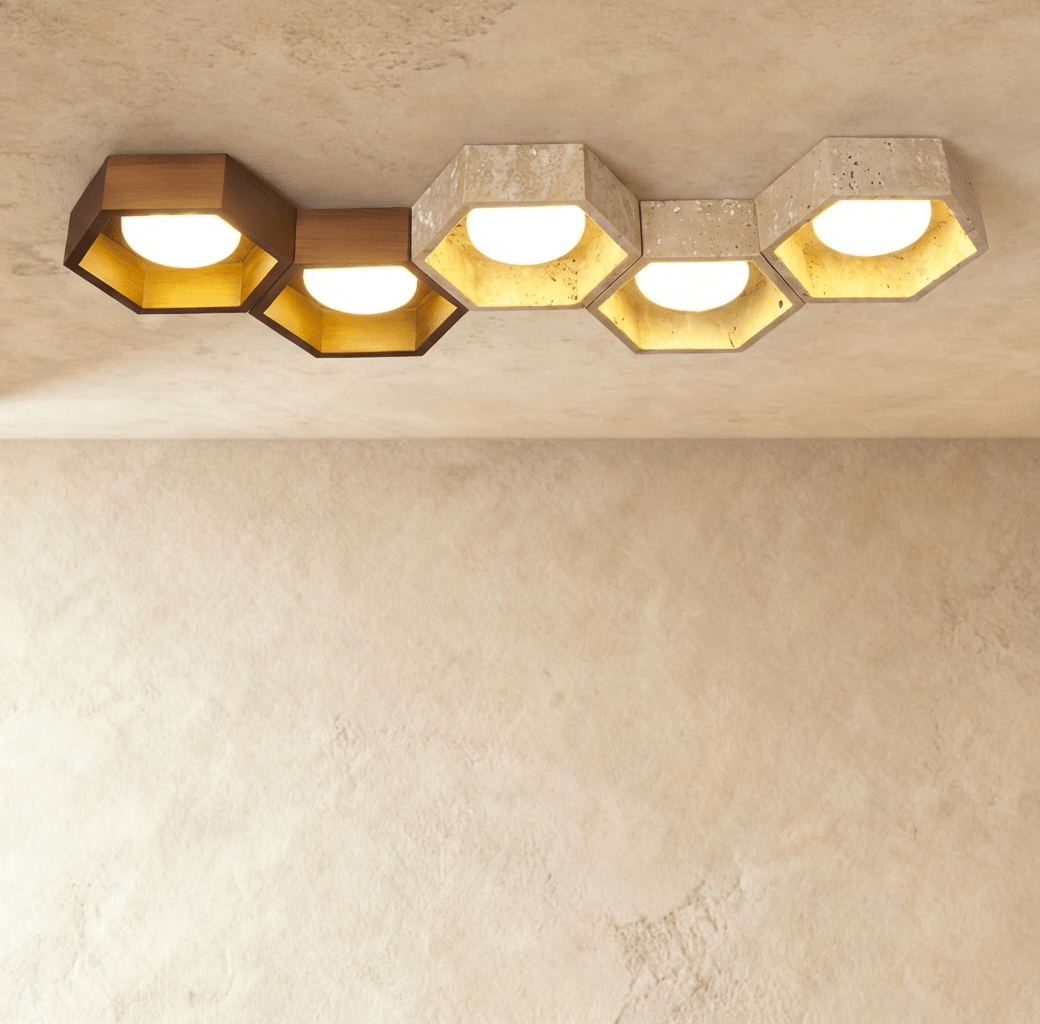 Clérachic five-head ceiling light, a staggered row of walnut and travertine hexagons with gold-leaf interiors and lit globes.