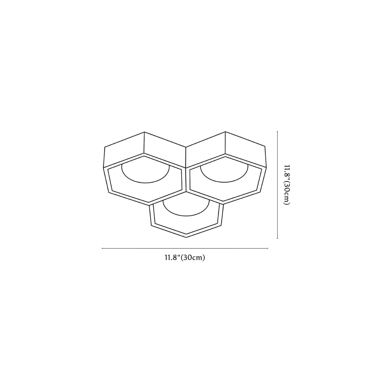 Clérachic ceiling light dimension drawing, 1 of 4, every measurement marked in centimetres and inches.