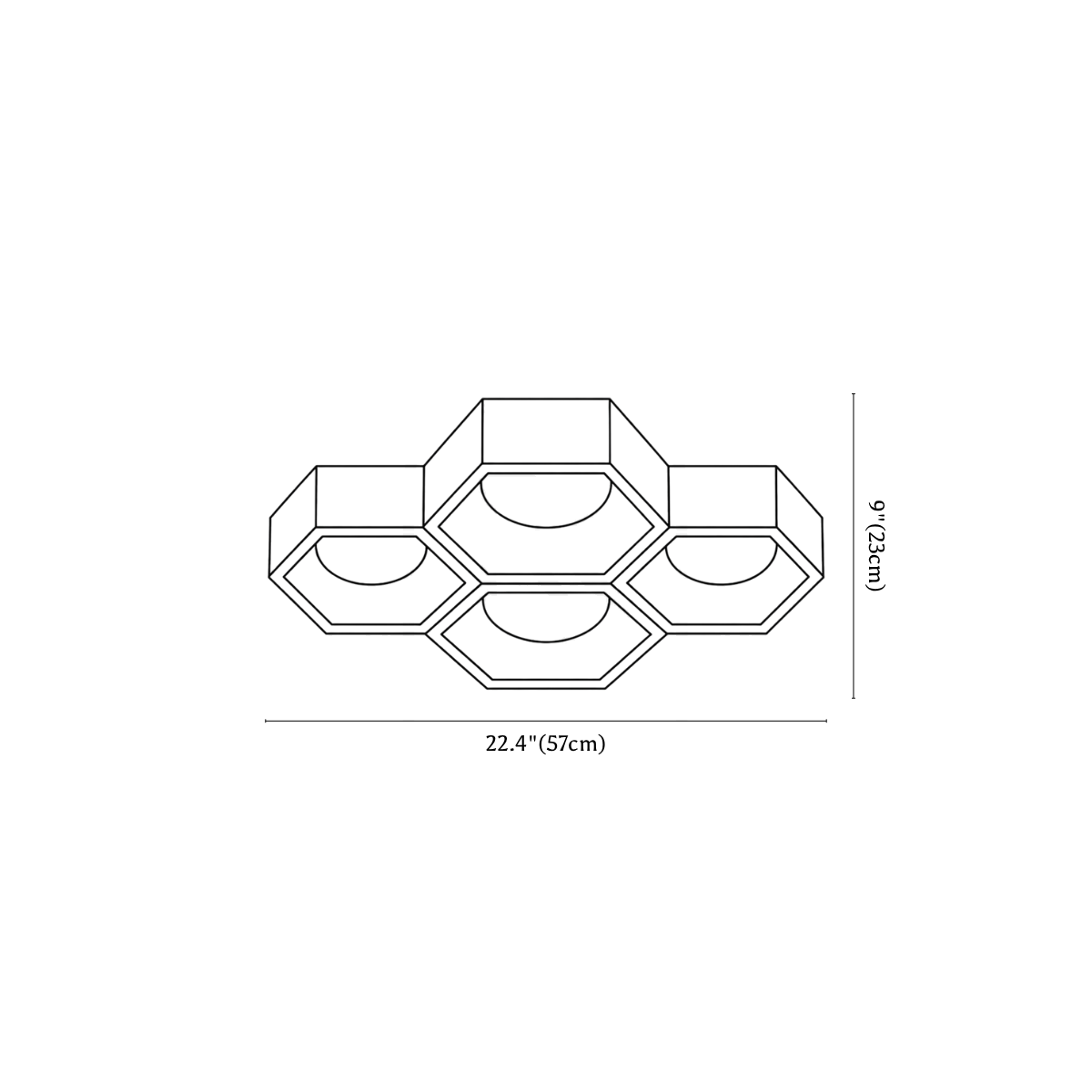 Clérachic ceiling light dimension drawing, 2 of 4, every measurement marked in centimetres and inches.