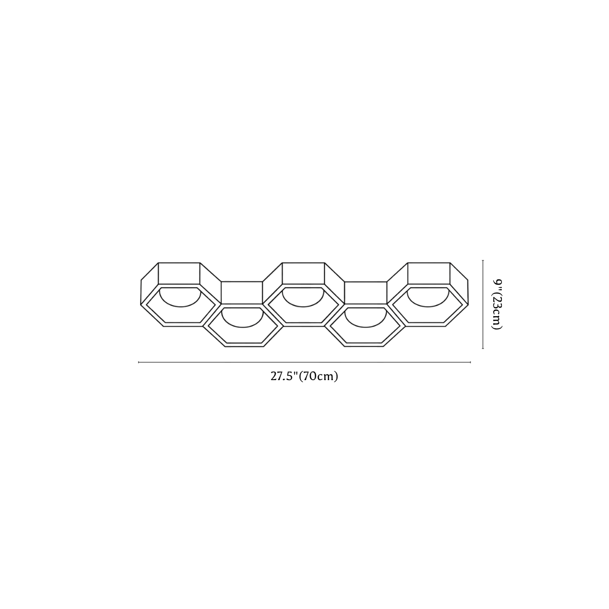 Clérachic ceiling light dimension drawing, 3 of 4, every measurement marked in centimetres and inches.