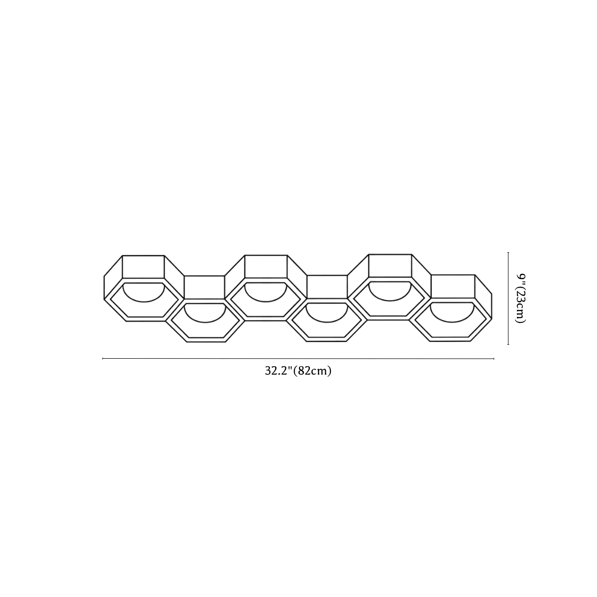 Clérachic ceiling light dimension drawing, 4 of 4, every measurement marked in centimetres and inches.
