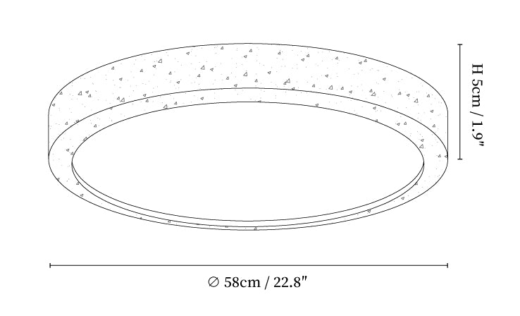 Dimension drawing of the horizon travertine ceiling light, in outline against white.