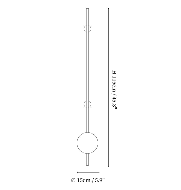 Dimension drawing of this Clérachic wall light, with its 115 cm height and 15 cm globe width marked.