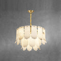 Grey and amber veining runs through the upper plates of the nine-light Clérachic Hue Alabaster Chandelier, seen unlit.
