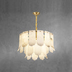 Grey and amber veining runs through the upper plates of the nine-light Clérachic Hue Alabaster Chandelier, seen unlit.
