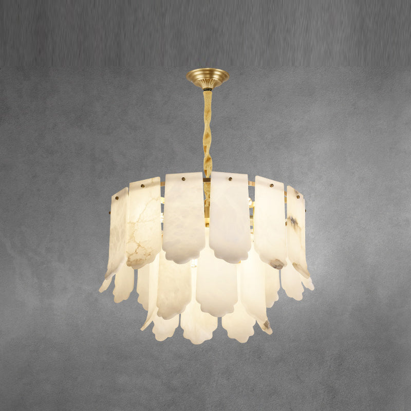 Grey and amber veining runs through the upper plates of the nine-light Clérachic Hue Alabaster Chandelier, seen unlit.