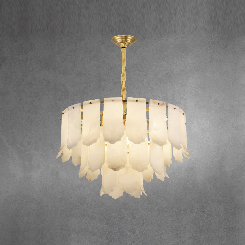 Three stepped tiers on the sixteen-light Clérachic Hue Alabaster Chandelier, the drum widening as the stone plates overlap.