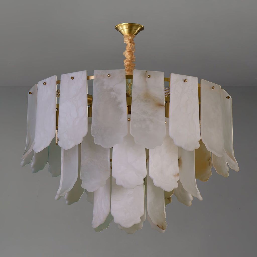 Three-quarter studio view of the unlit Clérachic Hue Alabaster Chandelier, domed brass canopy and slim stem in frame.