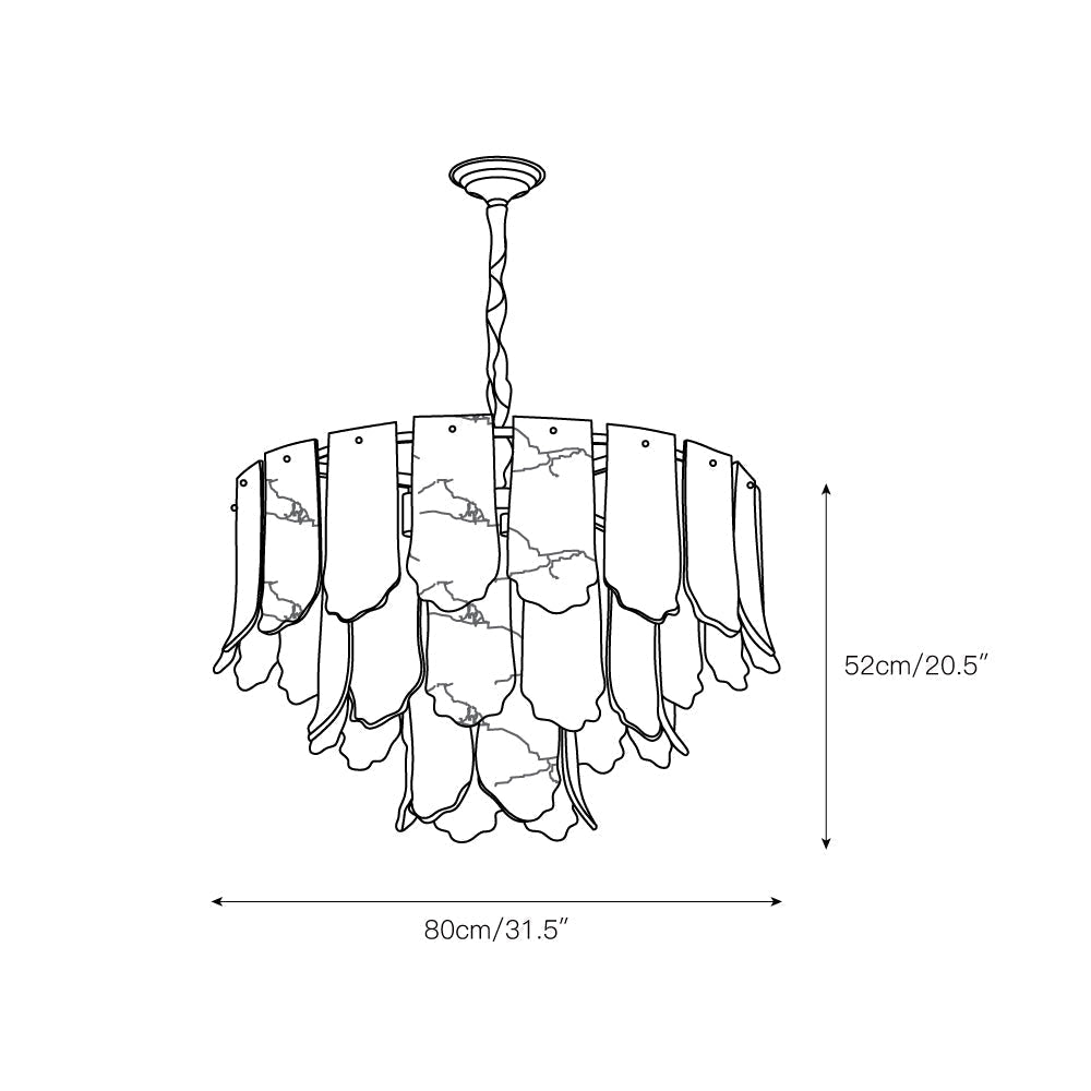 Dimension drawing for the Clérachic Hue Alabaster Chandelier, 80 cm (31.5″) wide and 52 cm (20.5″) high — the sixteen-light size.