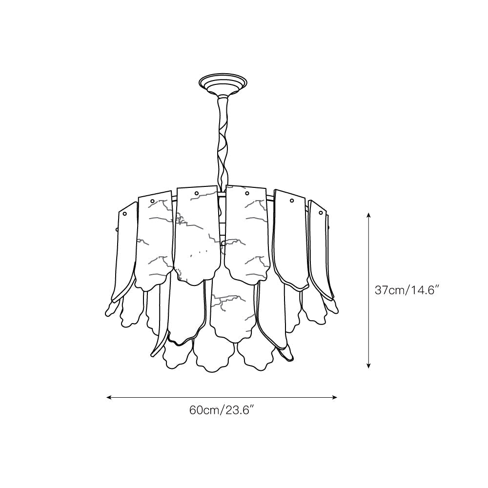 Dimension drawing for the Clérachic Hue Alabaster Chandelier, 60 cm (23.6″) wide and 37 cm (14.6″) high — the nine-light size.