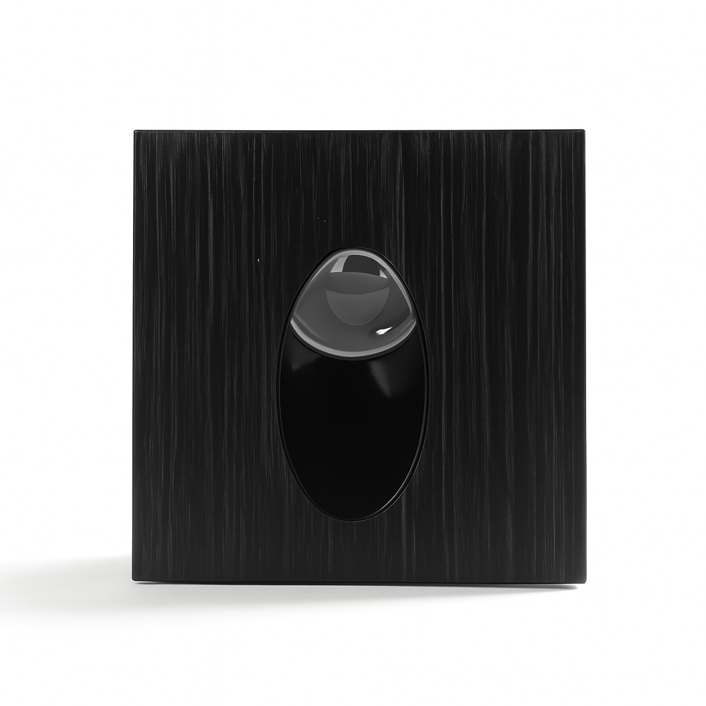 Clérachic square recessed stair light with a brushed black faceplate and an oval hooded opening, on a white background.