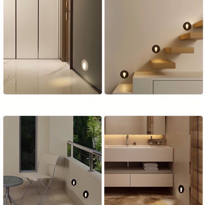 Clérachic round stair lights in four scenes: a hallway floor, floating wooden steps, a balcony wall and a bathroom wall.