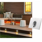 Clérachic square silver stair light beside a timber deck and seating area, with warm lights set into the deck step edge.