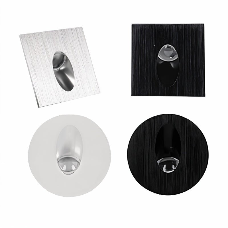 Clérachic stair light finishes side by side: brushed silver square, black square, white round and black round, on white.
