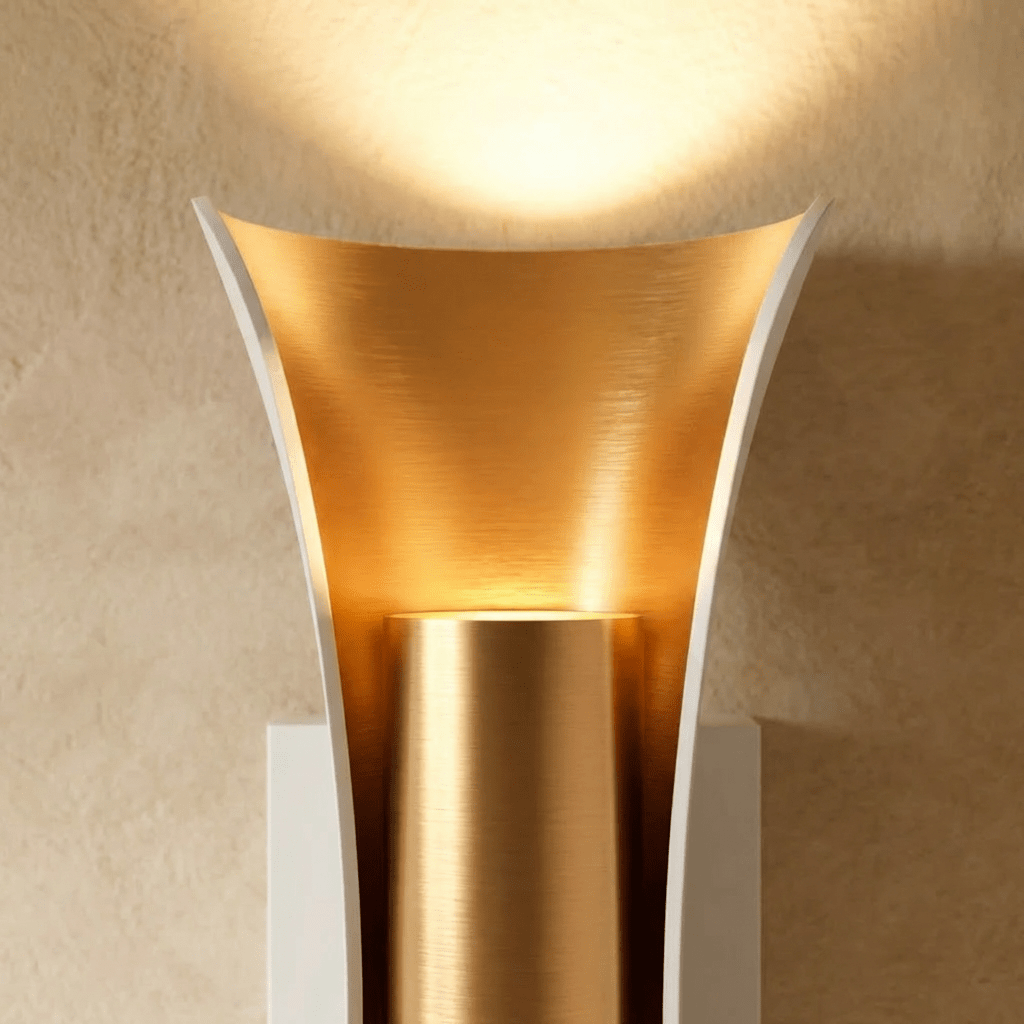 Close-up of the Clérachic white wall lamp, its brushed gold reflector curving around a gold cylinder and glowing upward.