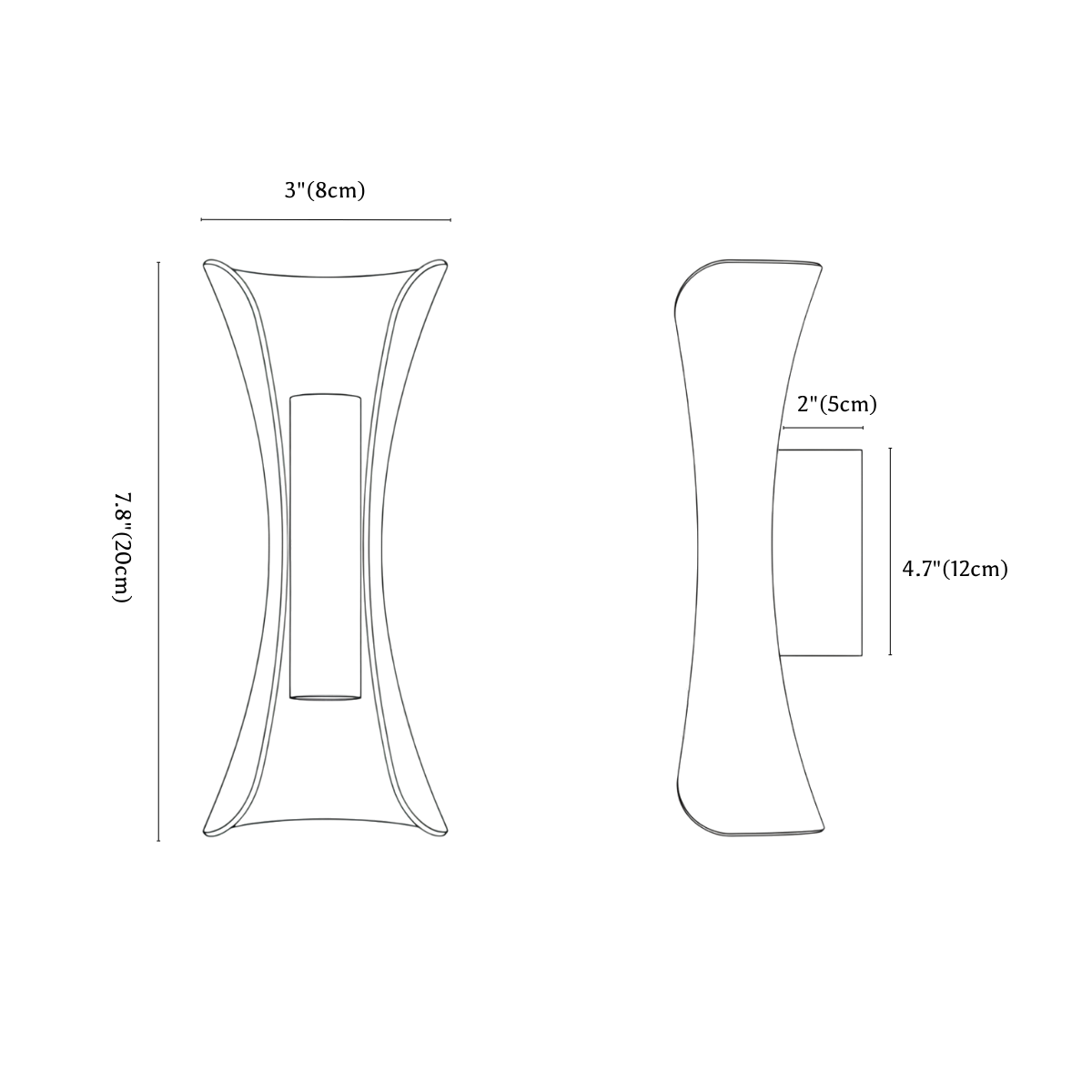 Clérachic wall light dimension drawing, every measurement marked in centimetres and inches.
