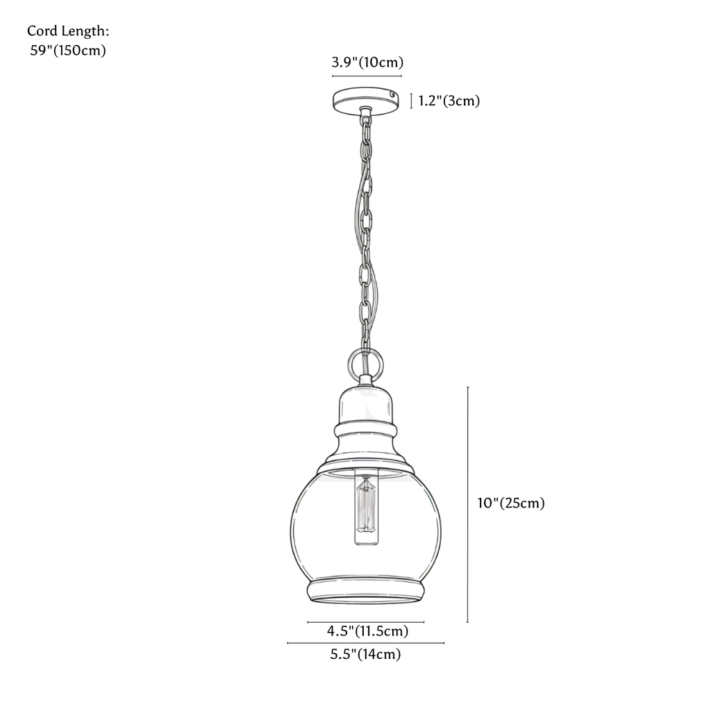 Clérachic pendant light dimension drawing, style A, 14 × 25 cm, every measurement marked in centimetres and inches.