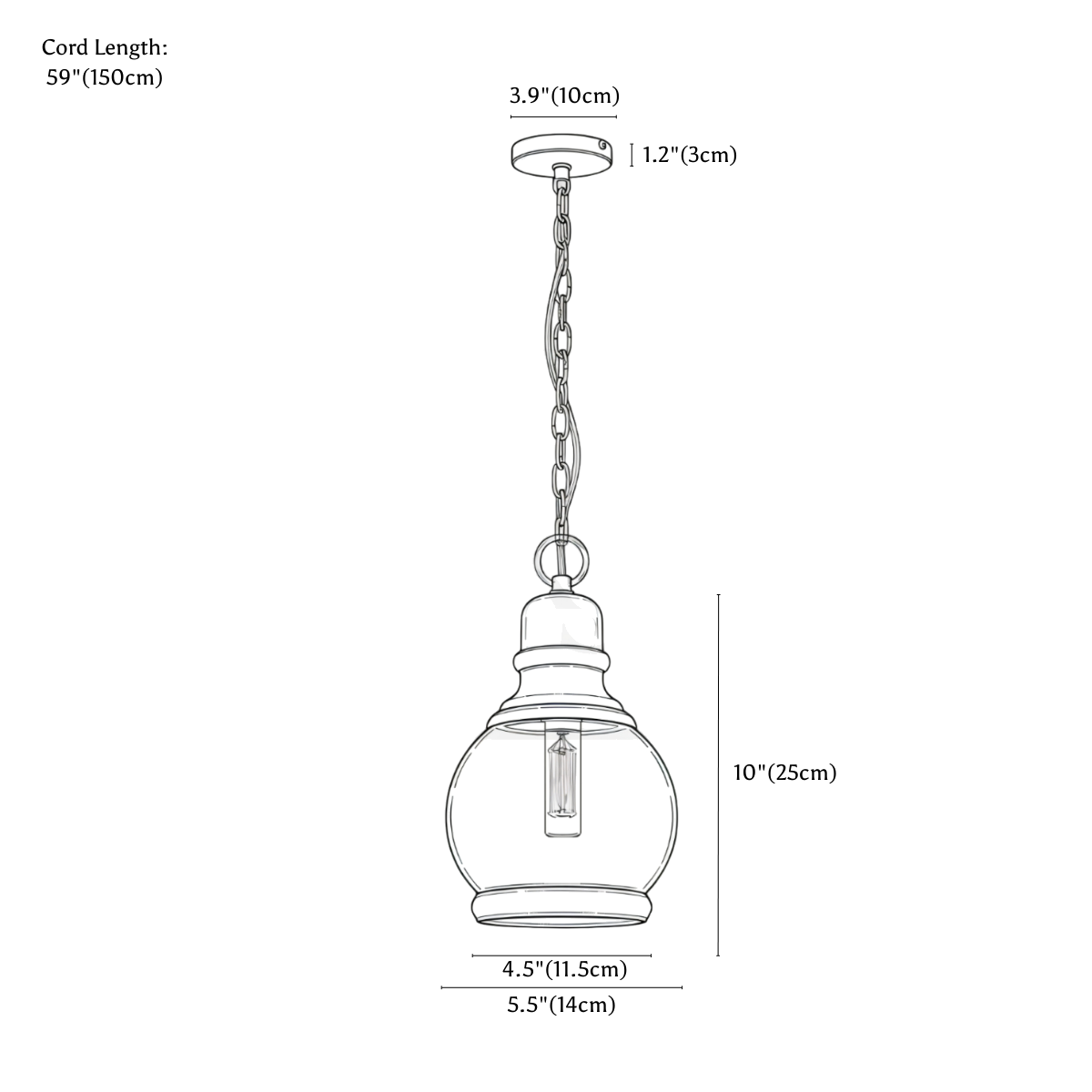 Clérachic pendant light dimension drawing, style A, 14 × 25 cm, every measurement marked in centimetres and inches.