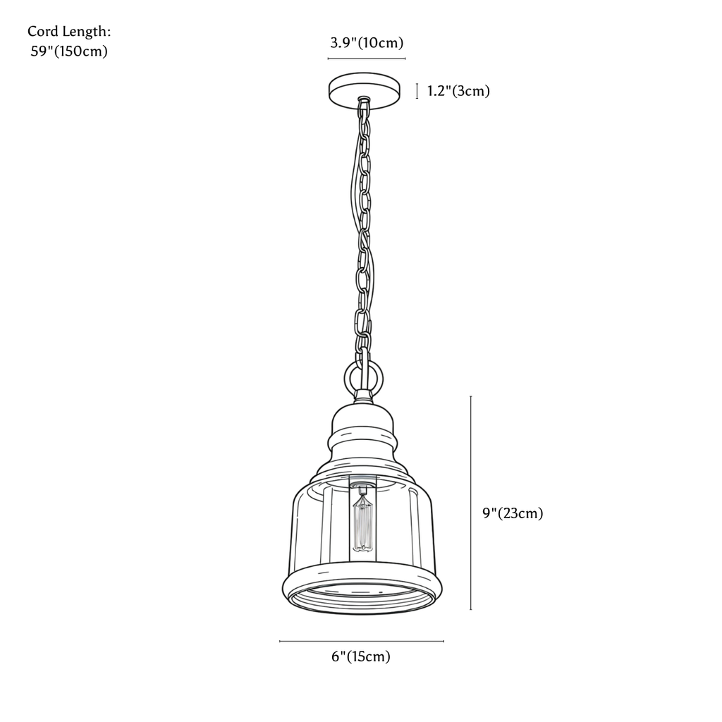 Clérachic pendant light dimension drawing, style B, 15 × 23 cm, every measurement marked in centimetres and inches.