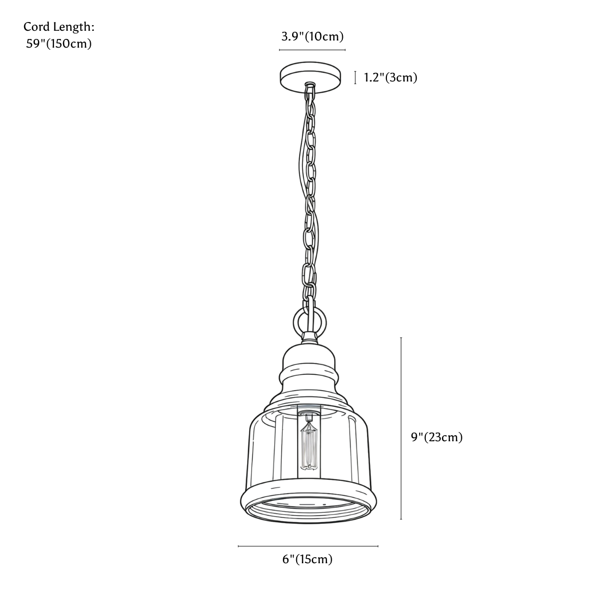 Clérachic pendant light dimension drawing, style B, 15 × 23 cm, every measurement marked in centimetres and inches.