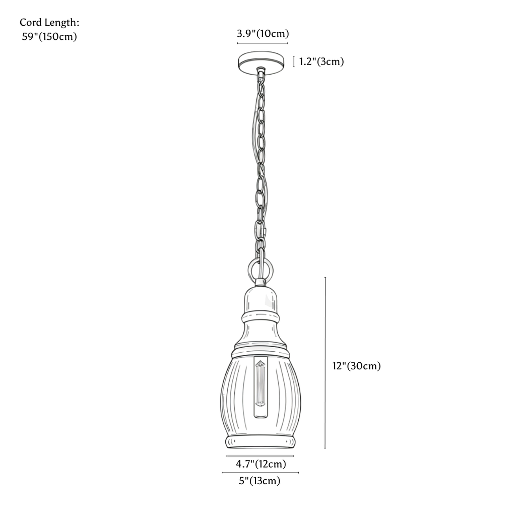 Clérachic pendant light dimension drawing, style C, 13 × 30 cm, every measurement marked in centimetres and inches.