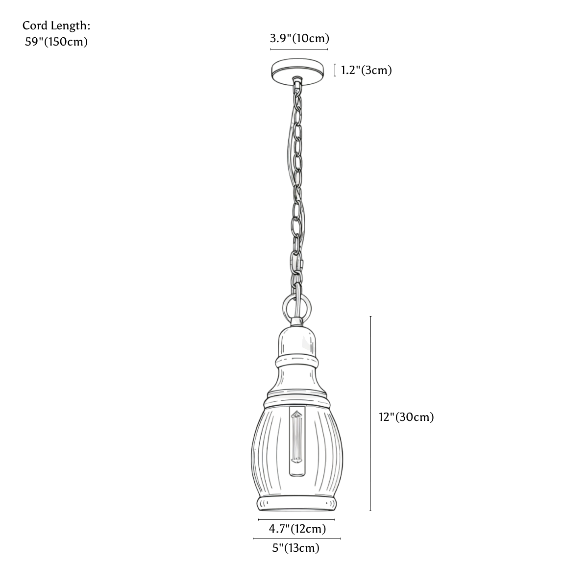 Clérachic pendant light dimension drawing, style C, 13 × 30 cm, every measurement marked in centimetres and inches.