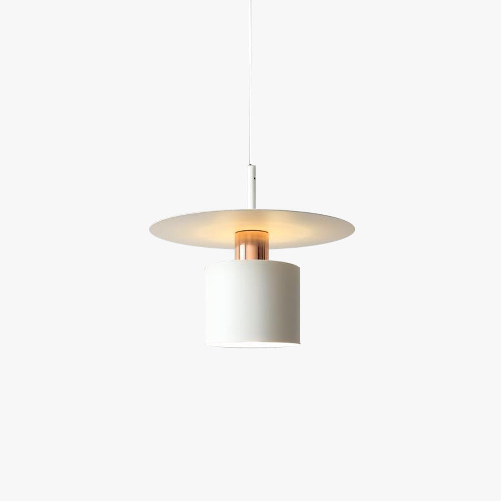 Clérachic white drum pendant with a flat saucer shade and a short copper neck on a white backdrop.