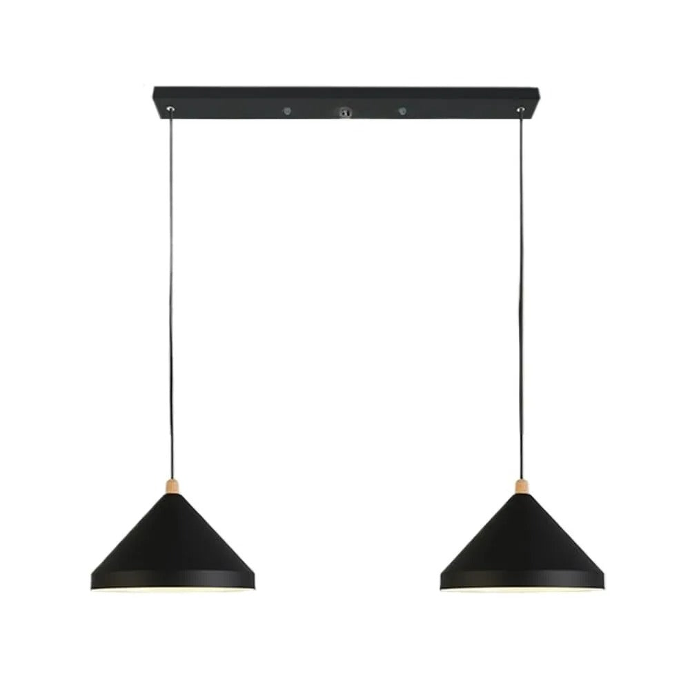 Clérachic 2-light industrial pendant in black, two cone shades on a slim rectangular canopy, wood necks on white.