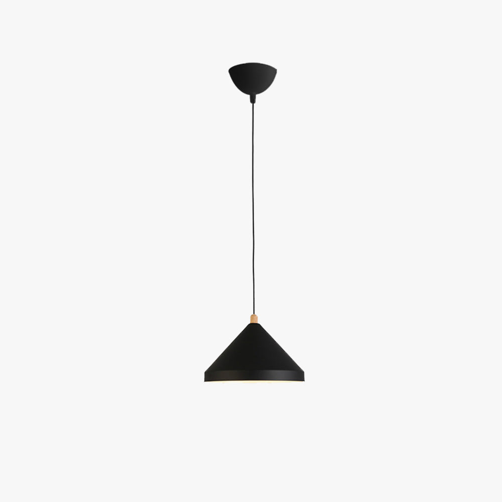 Clérachic 1-light industrial pendant in black, a cone shade with a wood neck hung from a bowl canopy.